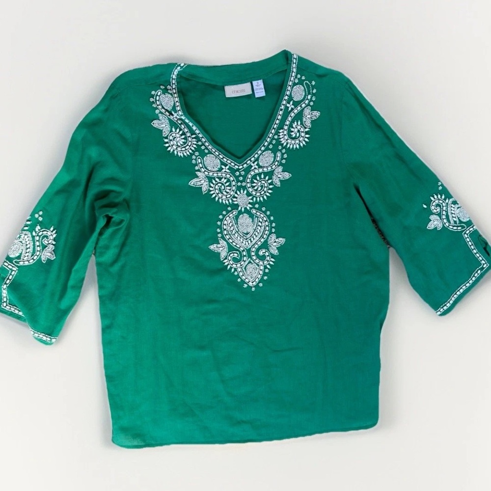 Chico’s Ellen Beaded Tunic Top Emerald Green Linen‎ blend Size XLarge / 3